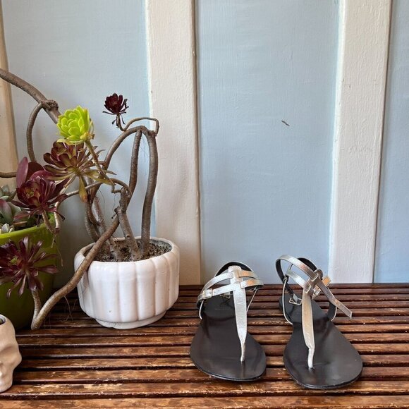 J. Crew Metallic Silver Tabbie T- Strap Sandals - Picture 3 of 7